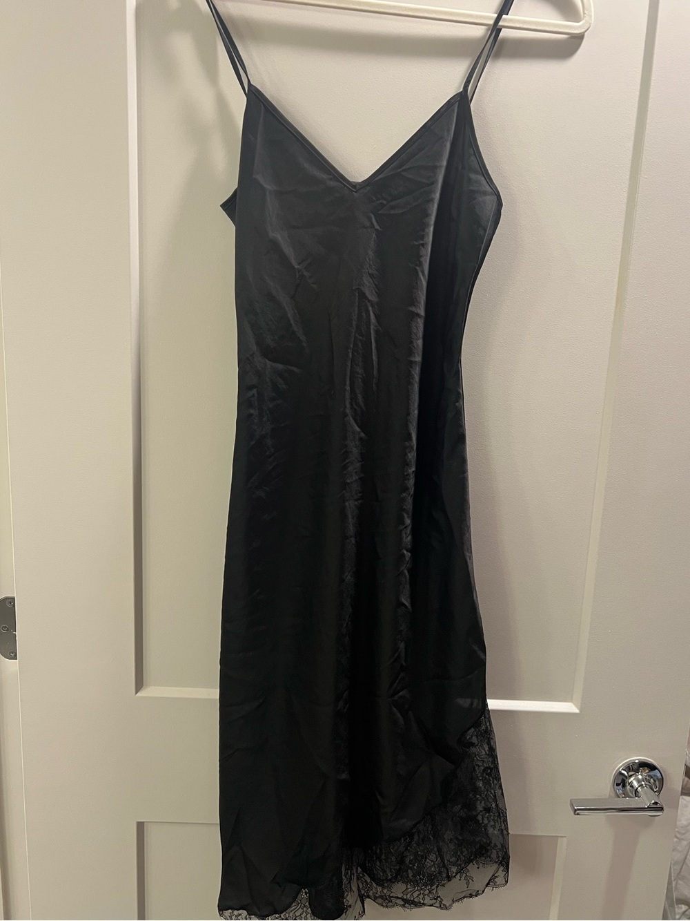 Aritzia Wilfred Black Satin Slip Midi Dress with Lace Trim